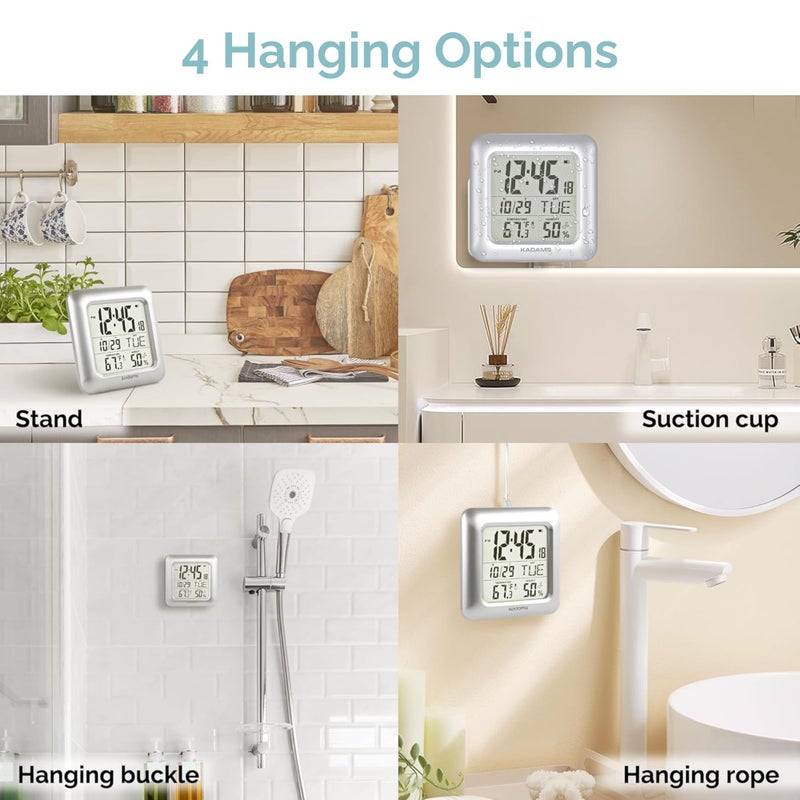 KADAMS Bathroom Clock 9.5" Kitchen Wall Clock with Large LCD Screen â€“ Shower Clock with Suction Cup,Temperature, Humidity, Calendar â€“ Water-Resistant, 4 Mounting Options, White - Image 5